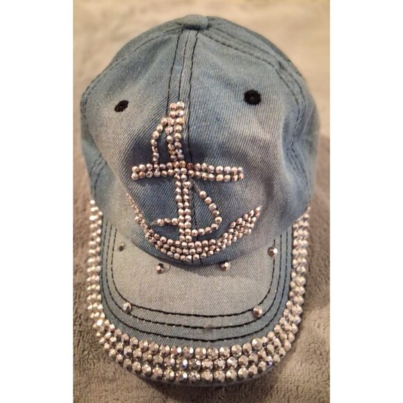 Denim Blue Jean Silver Rhinestone Anchor Women's Baseball Hat Nautical Cap Bling - Picture 3 of 7